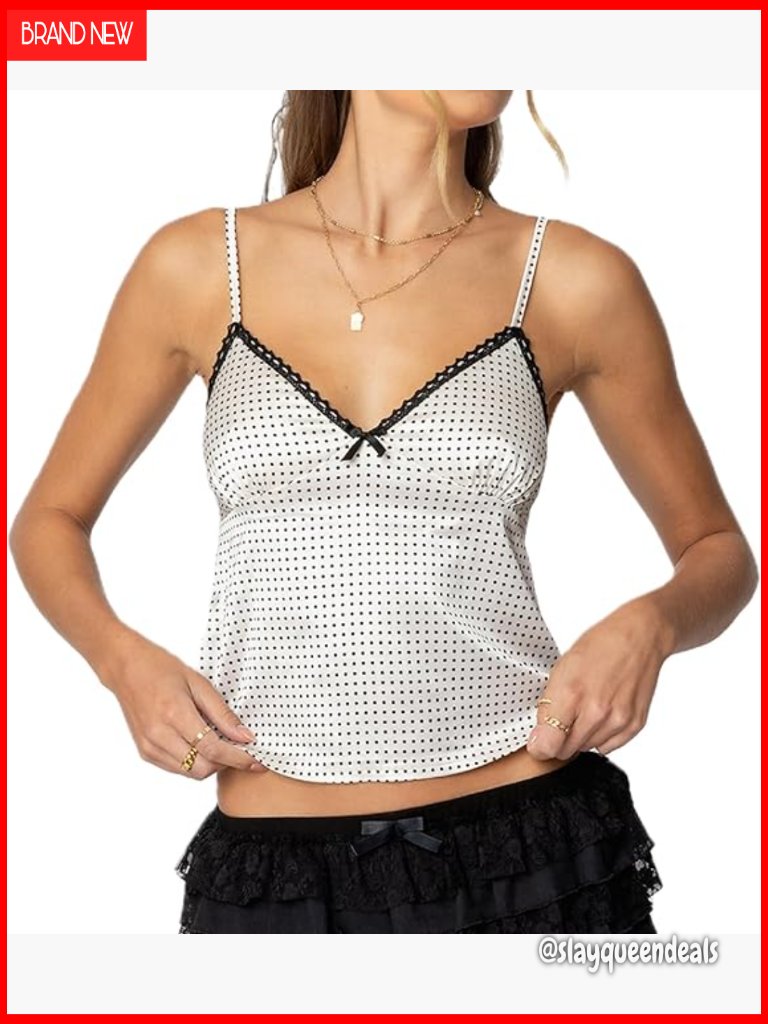 Y2k Polka Dot Lace Trim Spaghetti Strap Backless Crop Cami Tank Top